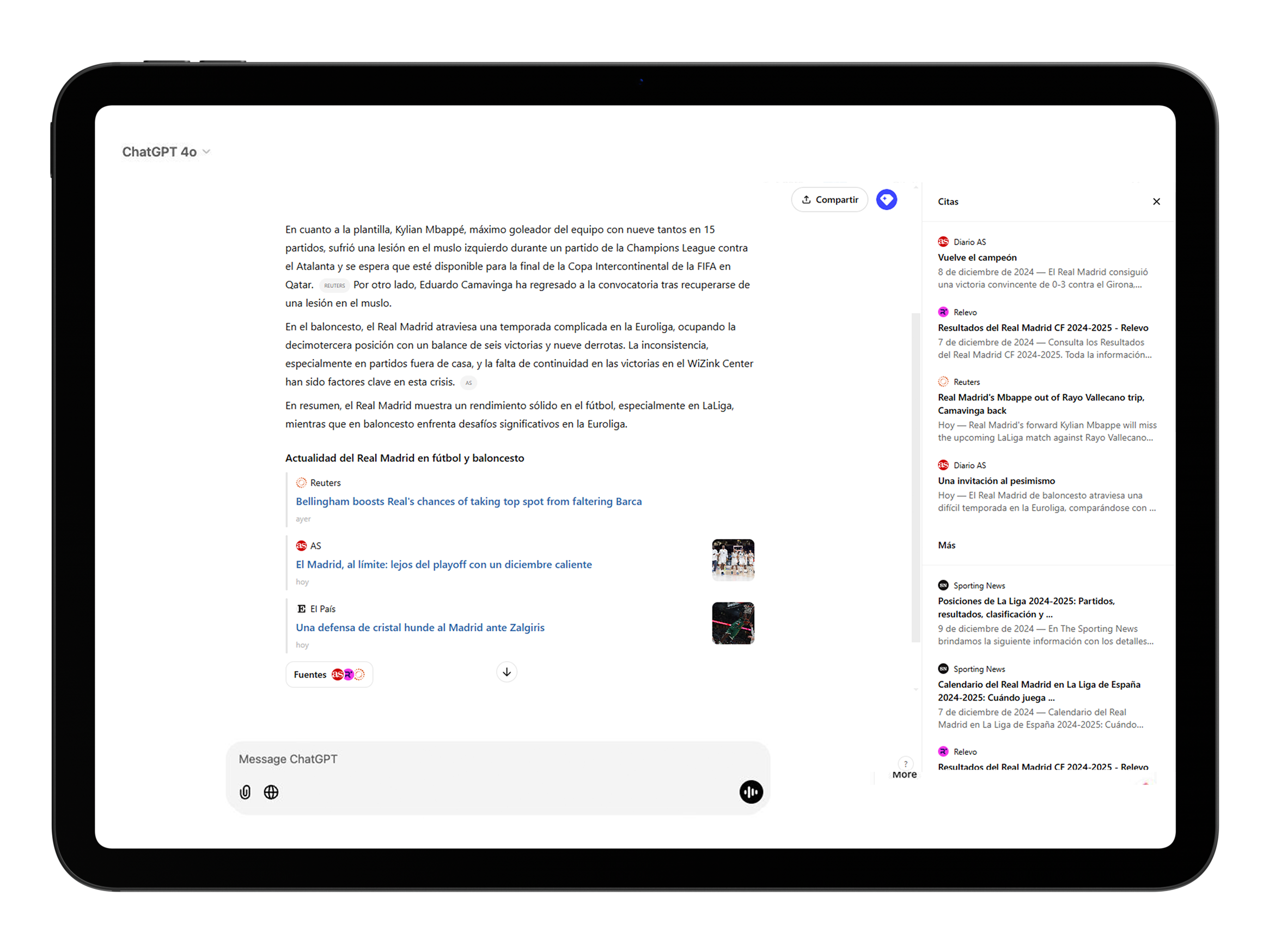 Aparece una pantalla de ChatGPT 4o donde se incorporan las últimas noticias sobre el Real Madrid con tres noticias y donde se destaca que dos son de Prisa y una de News Crop. A la derecha aparece una barra con diferentes noticias de donde se ha extraído la información bajo el título de 'Citations'.