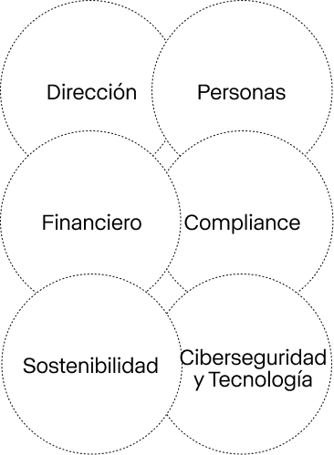 Esquema donde aparecen los ámbitos de Dirección, Personas, Financiero, Compliance, Sostenibilidad, Ciberseguridad y Tecnología