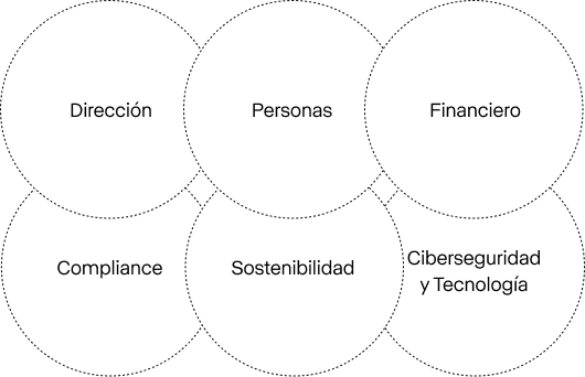 Esquema donde aparecen los ámbitos de Dirección, Personas, Financiero, Compliance, Sostenibilidad, Ciberseguridad y Tecnología